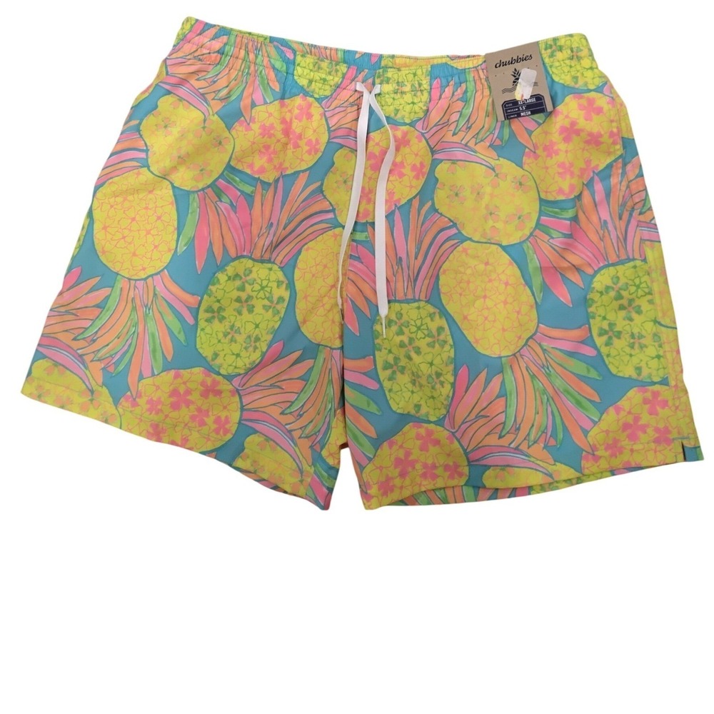 Chubbies Swim Trunks Neon Pineapple Print 5.5 In Inseam Blue Yellow Large-New